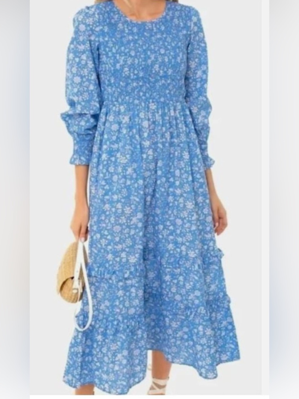 PINK CITY PRINTS- Blue Floral Midi Dress Tiered Long Sleeve